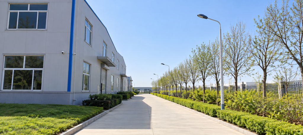 Factory buildings alongside an internal road