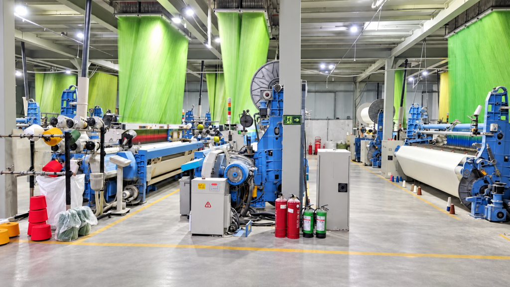 Production workshop with rows of equipment
