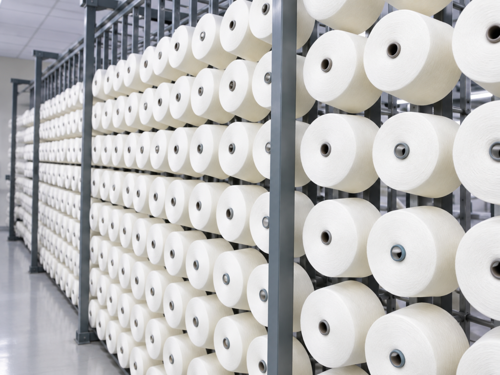Yarn packages arranged on racks inside the workshop